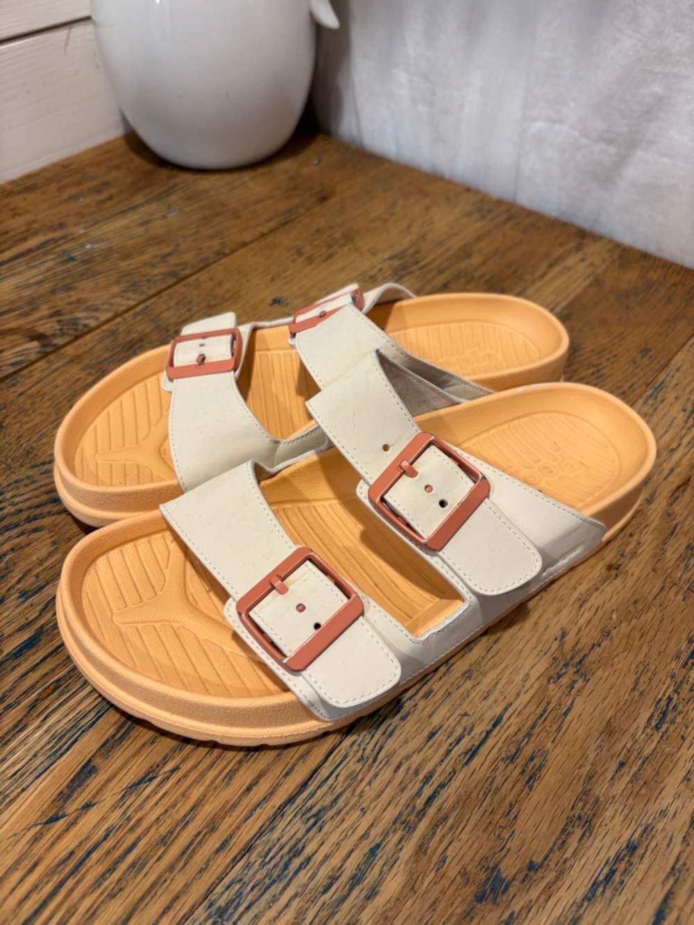 PEOPLE Beige & Peach Buckle Slide Sandals Size 38.5
